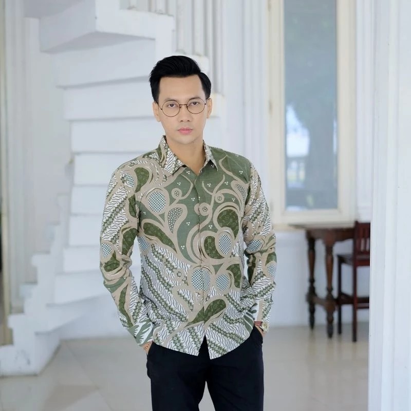 Hasan Batik MOTIF GAMBIRAN SAGE Kemeja Batik Pria Slimfit Lengan Panjang Lapis Furing / Batik Sage G