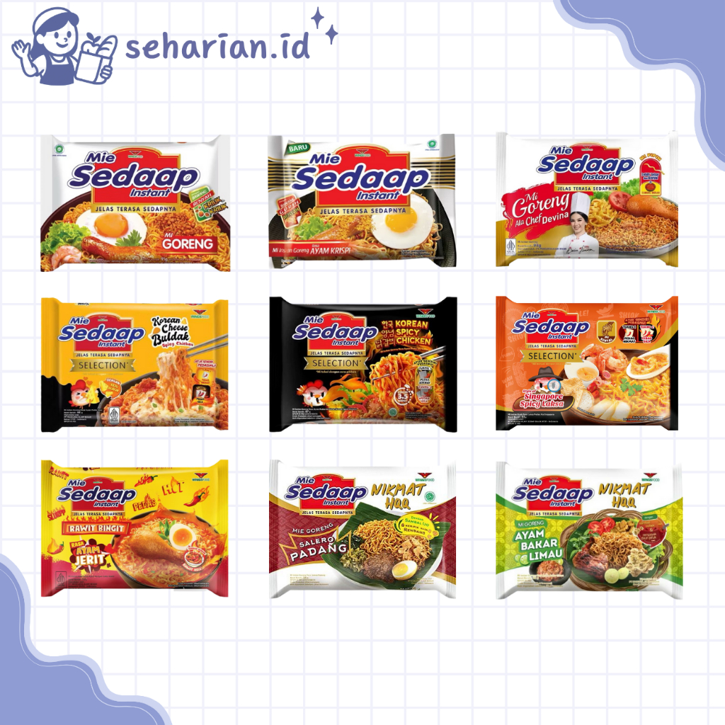 

MIE SEDAAP INSTANT GORENG ALL VARIAN (GORENG ORIGINAL/AYAM KRISPI/ALA CHEF DEVINA/KOREAN CHEESE BULDAK/KOREAN SPICY CHICKEN/SINGAPORE SPICY LAKSA/RAWIT BINGIT AYAM JERIT/SALERO PADANG/AYAM BAKAR LIMAU)