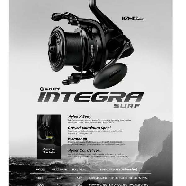 Reel Iroly Integra Surf | Size 10000 & 12000 10+1 BB| Drag 22–25kg |Wormshaft | Ceramic Line Roller