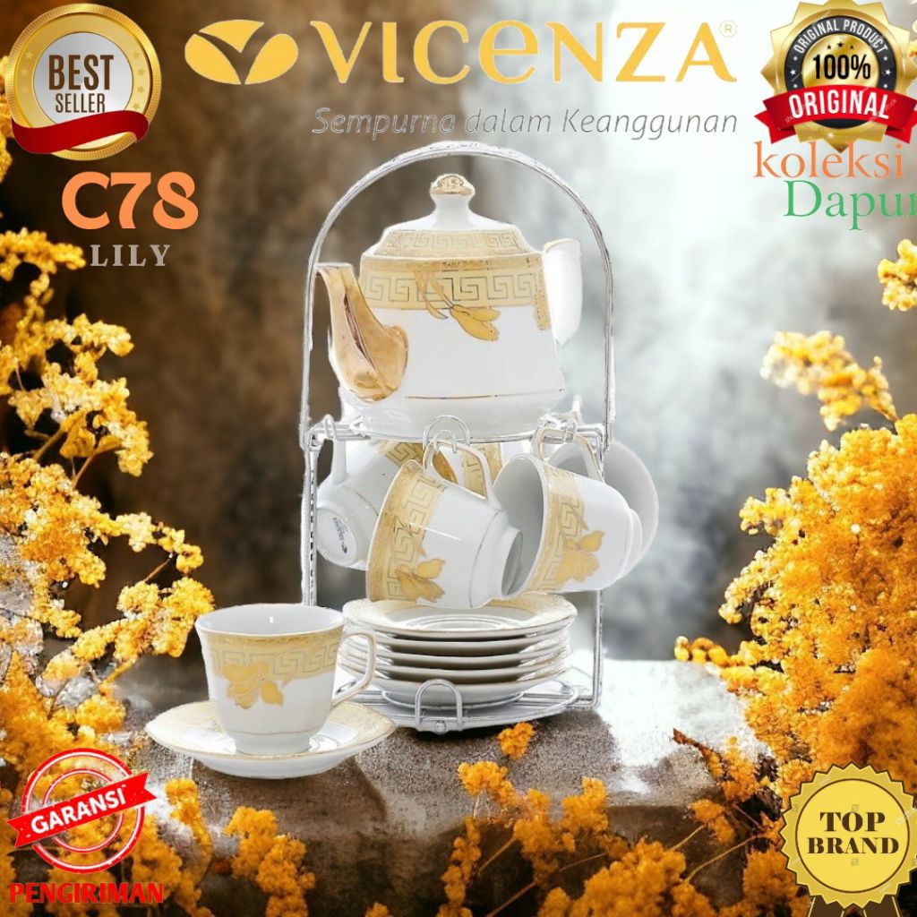 Perlengkapan Minum Teh VICENZA C78 motif LILY, dilengkapi set Cangkir Segi Delapan dan teko VICENZA 