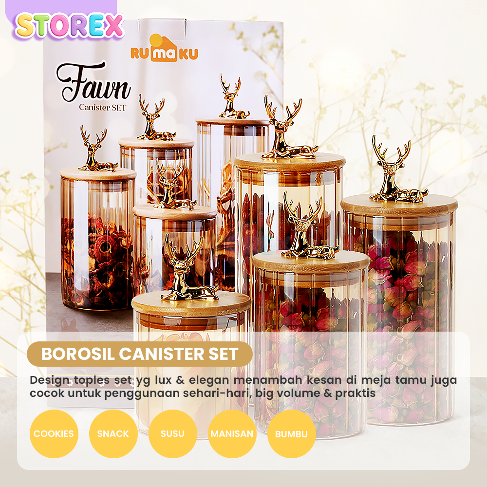 Storex Toples Kue Toples Kaca 1 Set Kedap Udara Isi 4 Pcs Ornamen Rusa Gold Serbaguna Toples Lebaran