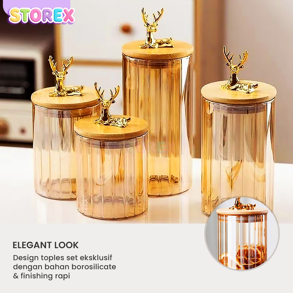 Storex Toples Kue Toples Kaca 1 Set Kedap Udara Isi 4 Pcs Ornamen Rusa Gold Serbaguna Toples Lebaran