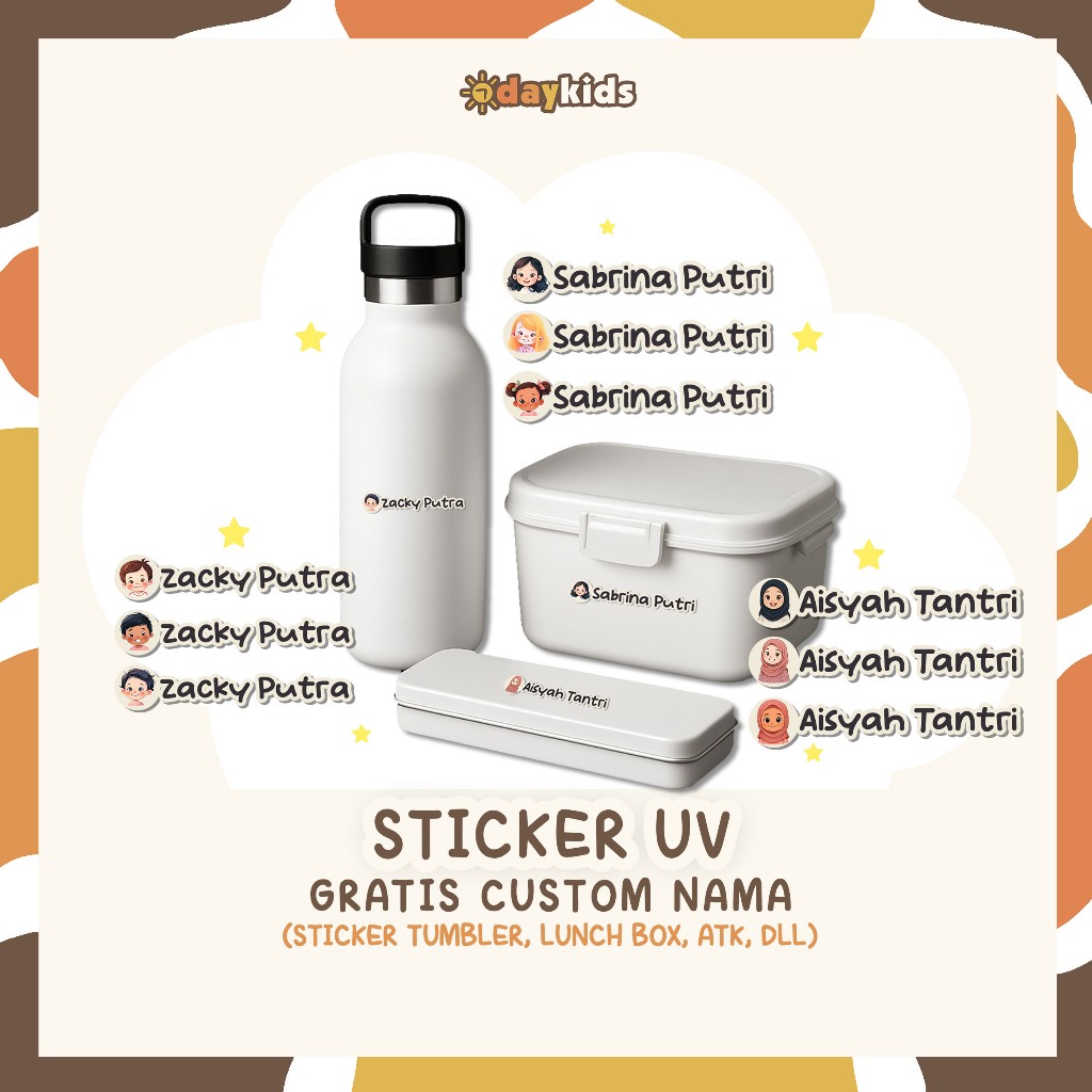 

STICKER UV - GRATIS CUSTOM NAMA | STICKER TUMBLER, STICKER LUNCH BOX, STICKER ATK, STICKER HP, STICKER SEKOLAH ANAK by thedaykids