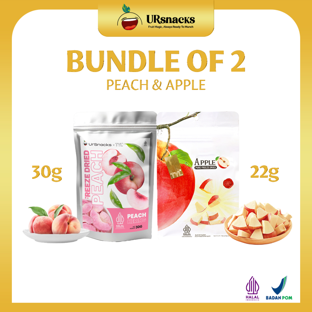 

URSNACKS Bundle Of 2 - Freeze Dried Buah Kering Rasa Peach + Apel - Halal BPOM Ready To Eat