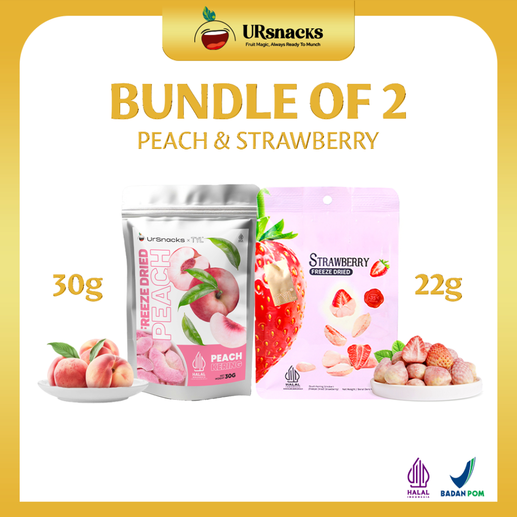

URSNACKS Bundle Of 2 - Freeze Dried Buah Kering Rasa Strawberry + Peach - Halal BPOM Ready To Eat