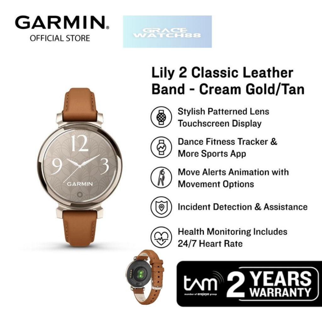 Jam tangan Garmin lily 2 classic Leather Band Cream Gold  / Tan jam tangan wanita Garmin lily 2 klas