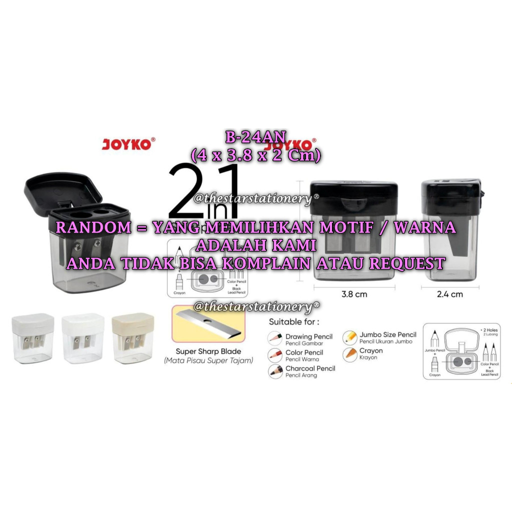 

(1 Biji) GROSIR Rautan Tabung JOYKO B-24AN / Rautan Serutan Sharpener Joyko B-24AN RANDOM (1 Biji)