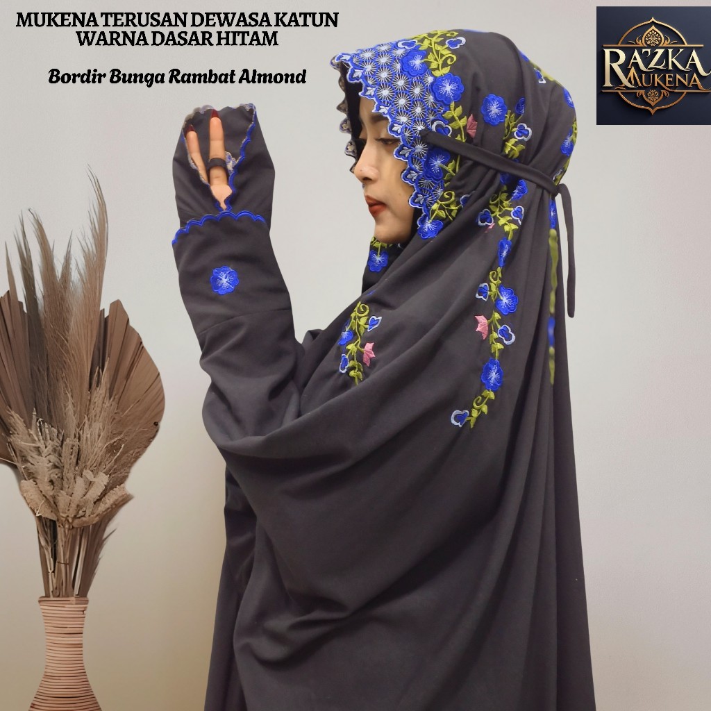Mukena Terusan Dewasa Katun Mikro Warna Hitam Bordir Bunga Rambat Almond Cantik