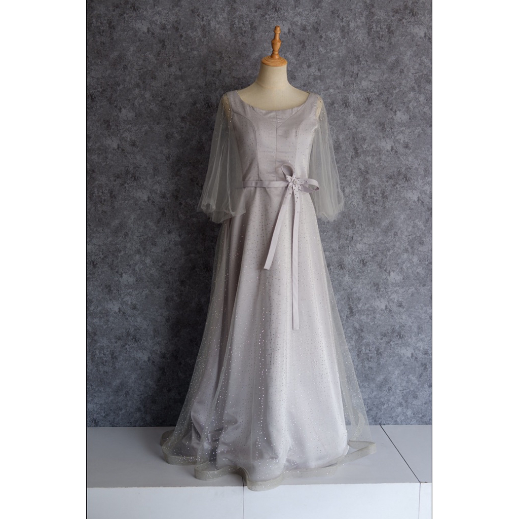 Silver Long Dress Lengan Tulle Simple Dress Pesta Dress Kondangan Dress Preloved Second