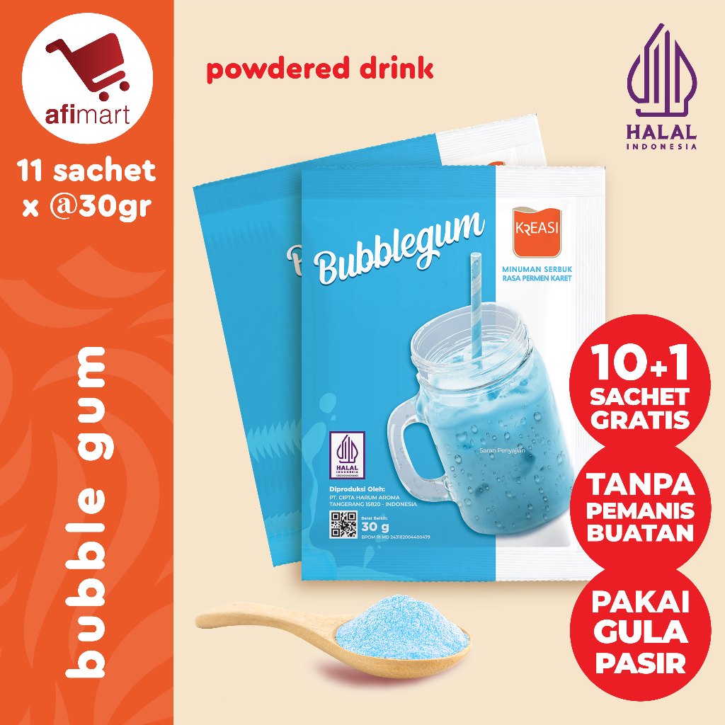 

Kreasi Bubuk Bubble Gum 10+1 Sachet x @30gr / Minuman bubuk Rasa Permen Karet