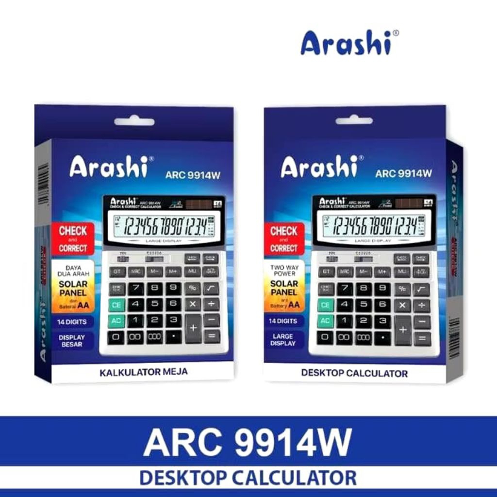 

Arashi Kalkulator ARC 9914W Kalkulator Meja Check & Correct / Two way power ( Battery and Solar Panel)/ 14 digits display /AA Battery Type/ Large Display/112 Steps