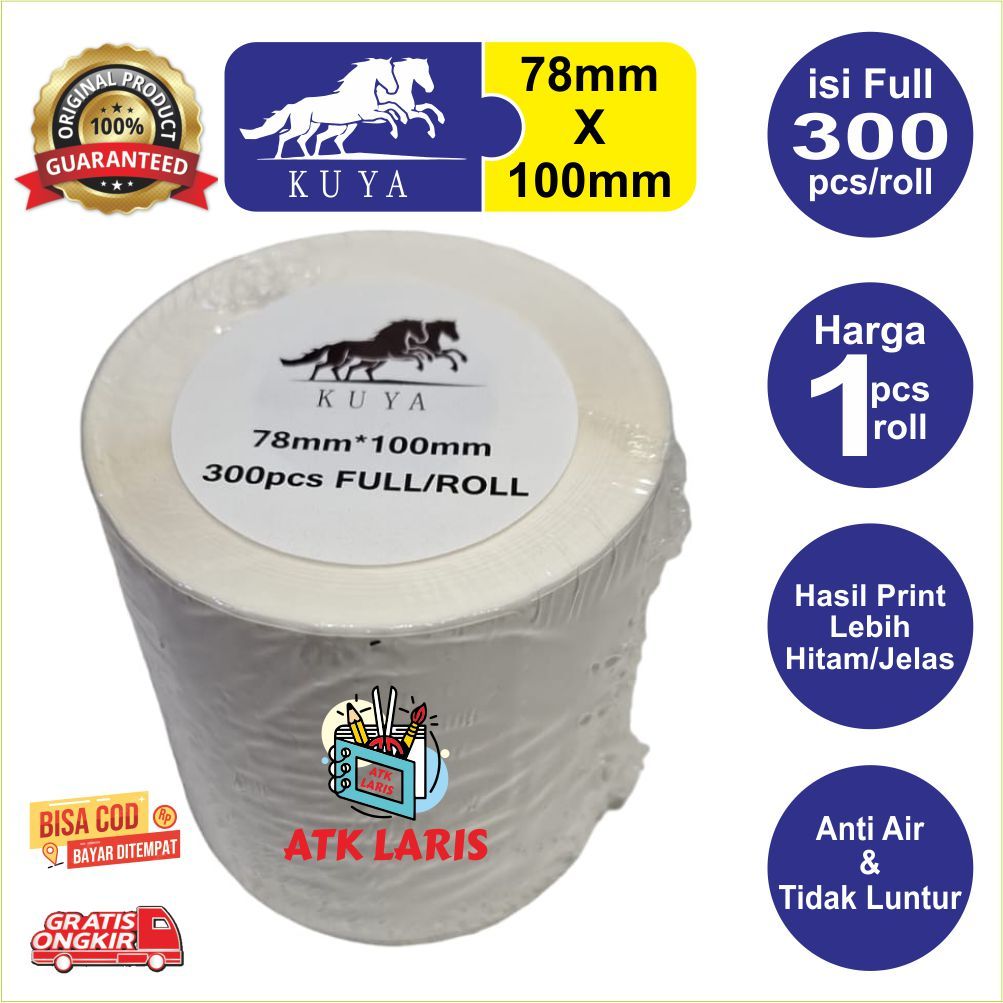 

STIKER THERMAL KUYA / STIKER LABEL BARCODE/ RESI 78mm X 100mm ISI 300/ROLL Harga 1 Pcs