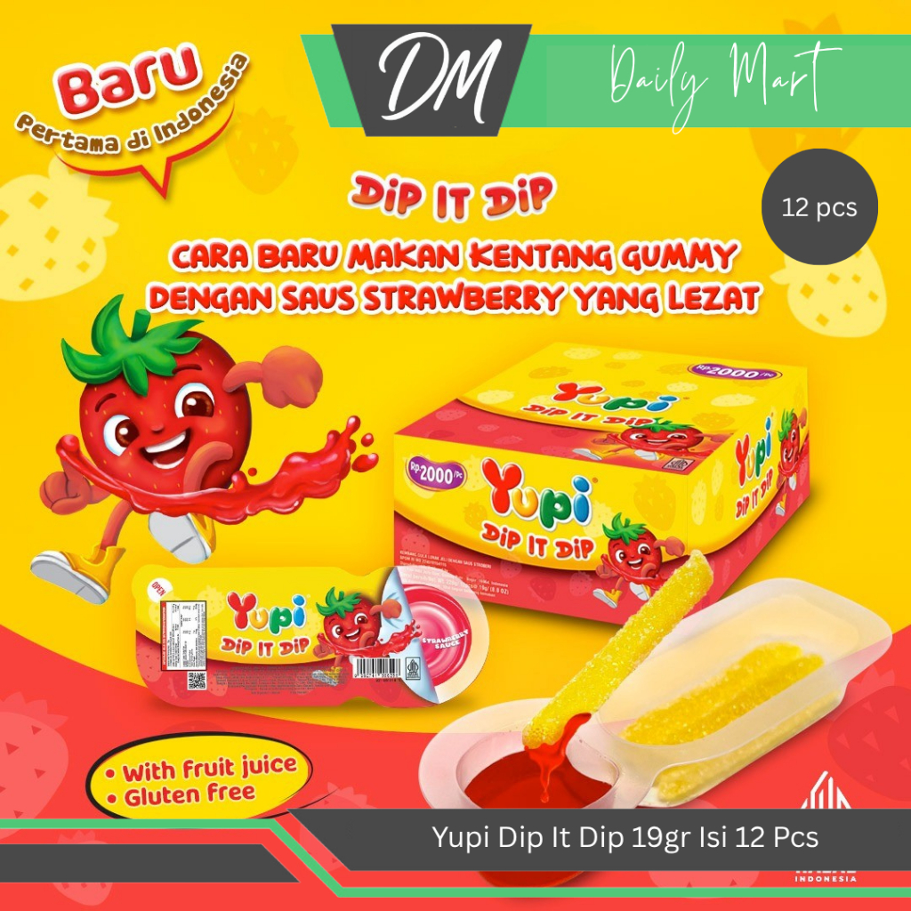 

Yupi Dip It Dip 1 Box Isi 12 Pcs x 19gr - Permen Kenyal Berbentuk French Fries Saus Stroberi Lucu Enak Murah