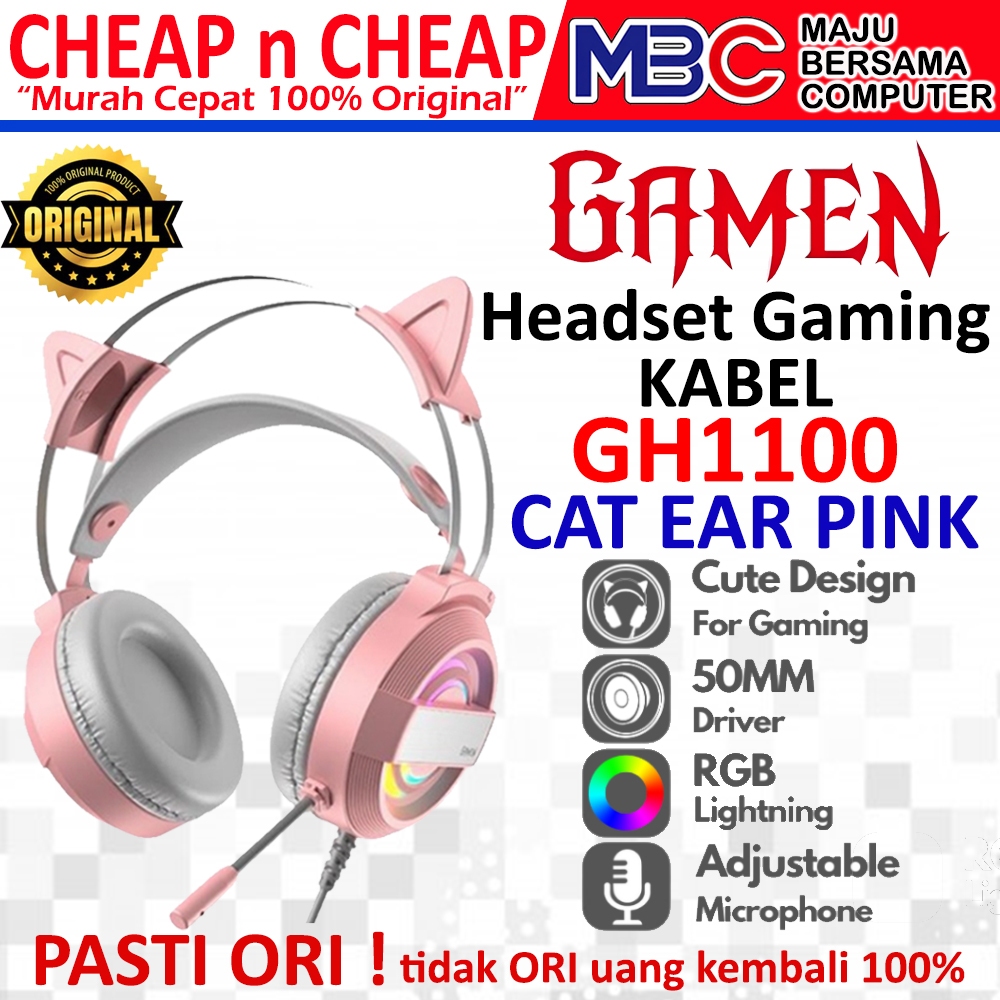 Headset Gaming Kabel GAMEN GH1100 CAT EAR PINK - Headphone Head phone Head set Gaming Microphone