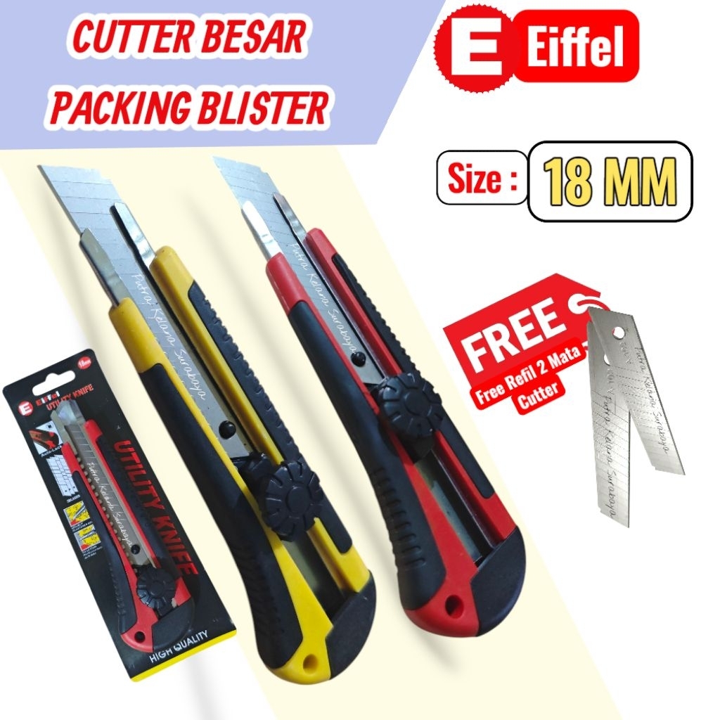 

[ 1 PCS ] Cutter Besar Premium 18 mm Free Refill Mata Cutter 2 PCS / Cutter Besar Tajam Eifel Auto Lock Model Putar Blister