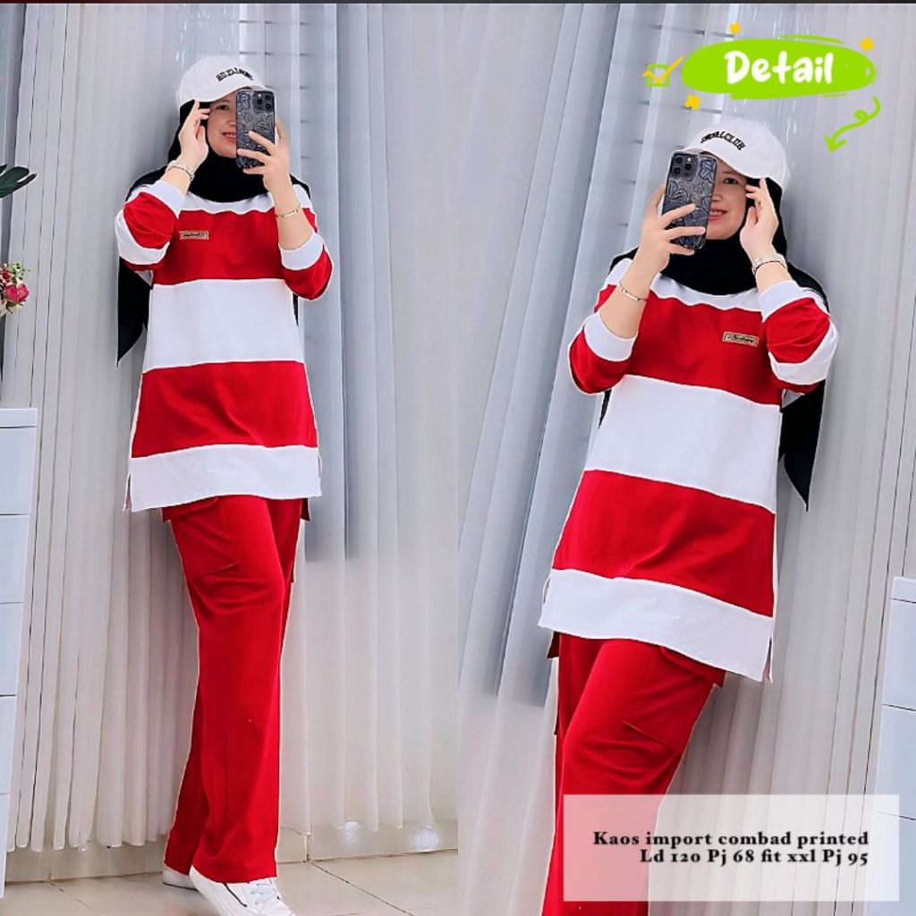 Setelan Baju Wanita Merah Putih Premium – Kaos Import Kombinasi Jumbo Ld 120 Best Seller