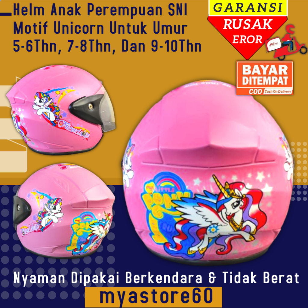 Helm Anak Anak Cewek Helem Helm SNI Pink Perempuan Motif UNICORN Umur 5 6 7 8 9 dan 10 tahun