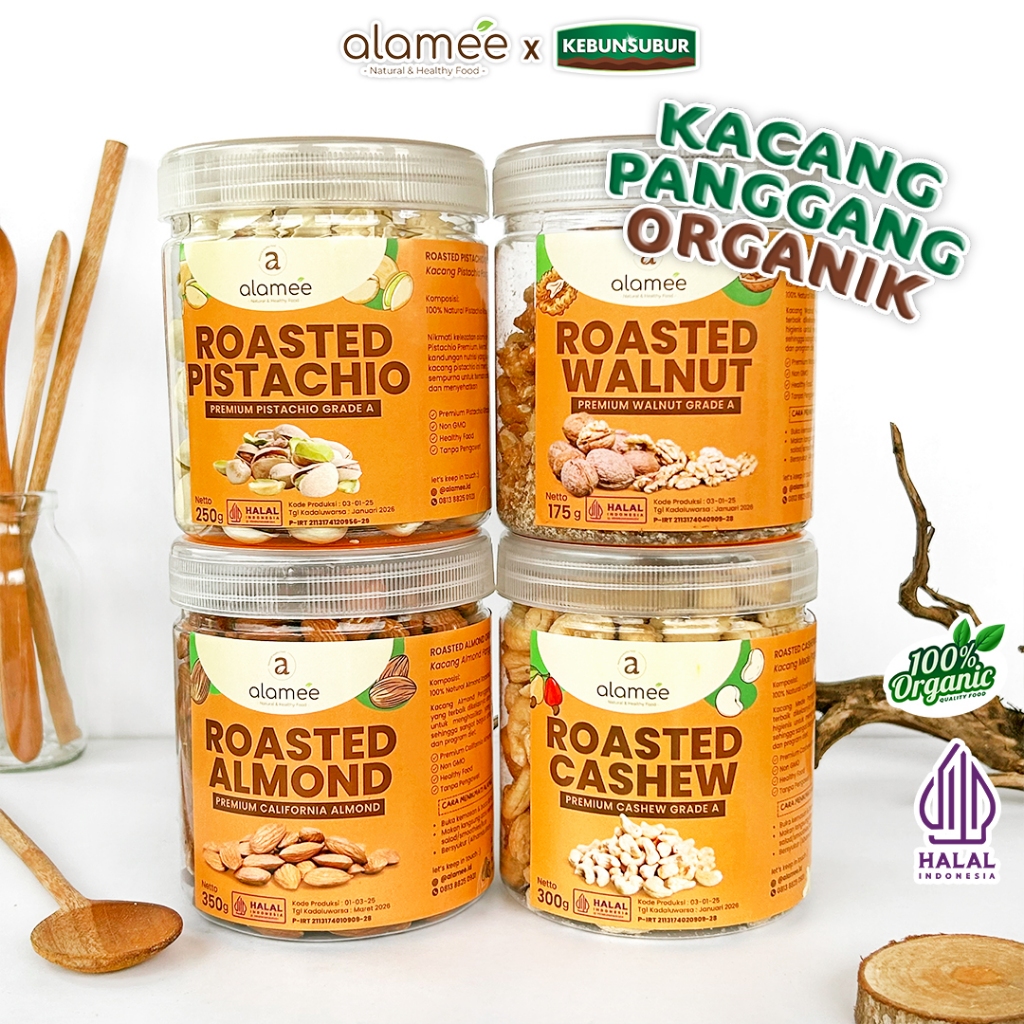 

alamee kacang panggang toples besar almond mede walnut pistachio Roasted GradeA California kebunsubur