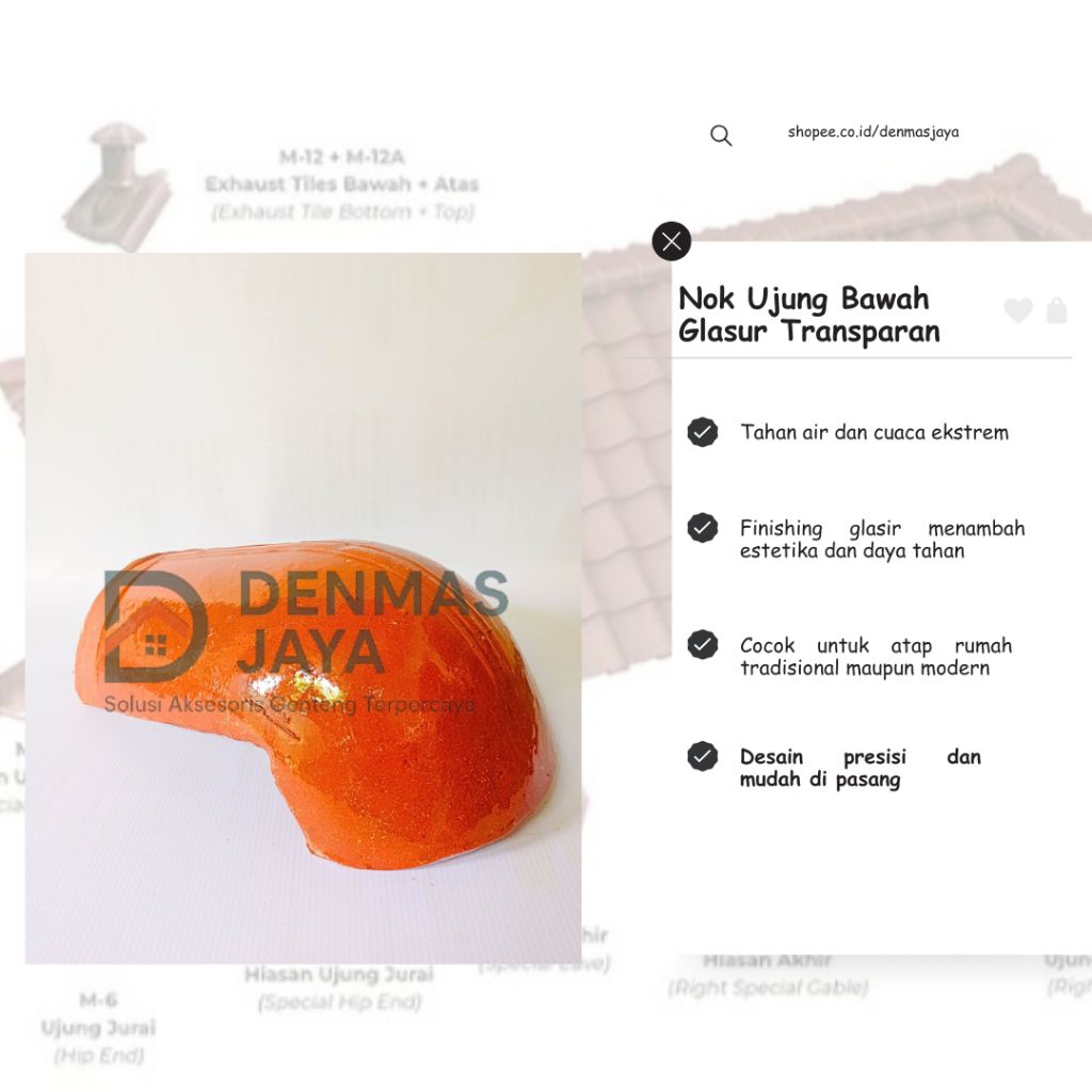 Aksesoris Genteng Nok Wuwung Kerpus Ujung Jurai/Bawah berGlasur/Glasir Transparan Merah Bata Mengkil