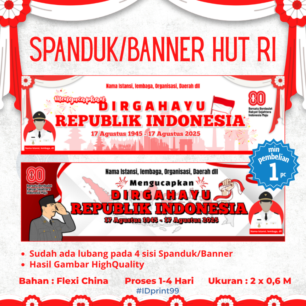 [1PC] BANNER HUT RI KE 80 | SPANDUK HUT RI UK 2 x 0,6 M BAHAN FLEXI CHINA