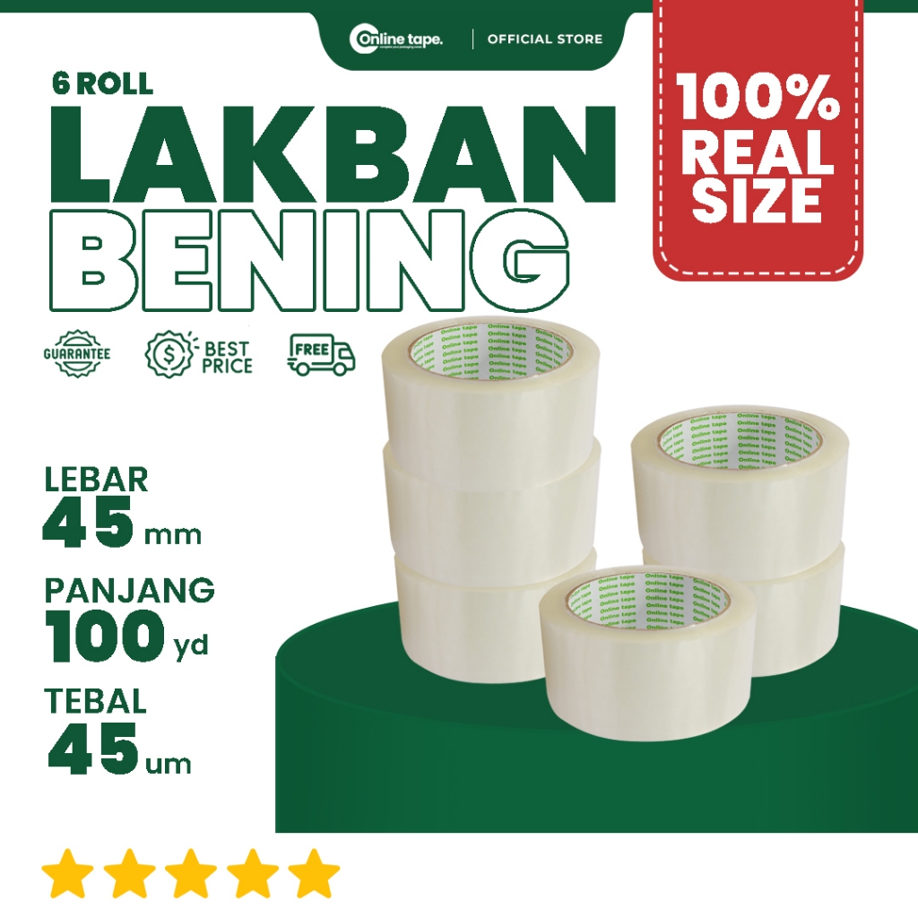 

6 Pcs Lakban Bening 45 MM X 100 Yard PURE Ukuran Real 1 Slop Tebal Kuat Isolasi ONLINE TAPE OPP Murah