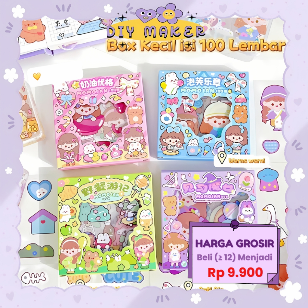 

DM MOMO Sticker Box Mini 100 Lembar Kotak Kecil Dekor Buku Jurnaling Sticker MOMO Terbaru Premium
