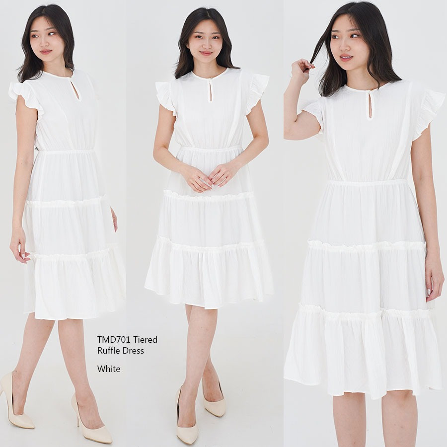 TOM TAILOR Tiered Ruffle Crinkled Dress - Terusan Midi Dress Hijau / Putih / Pink Polos Wanita Brand