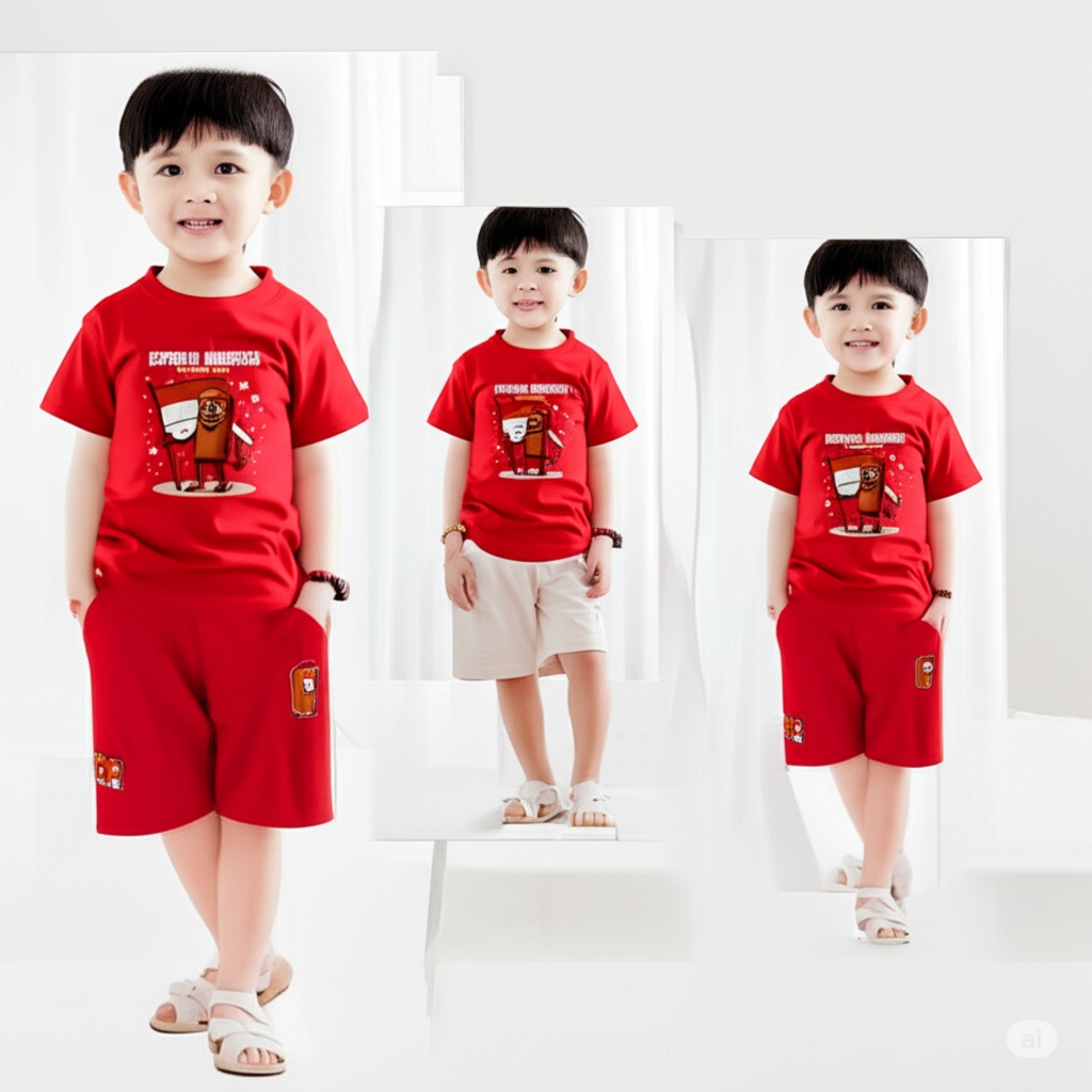 Setelan Kaos anak agustusan / Setelan baju kemerdekaan Hut Ri 45 Anak usia 4-12 Tahun