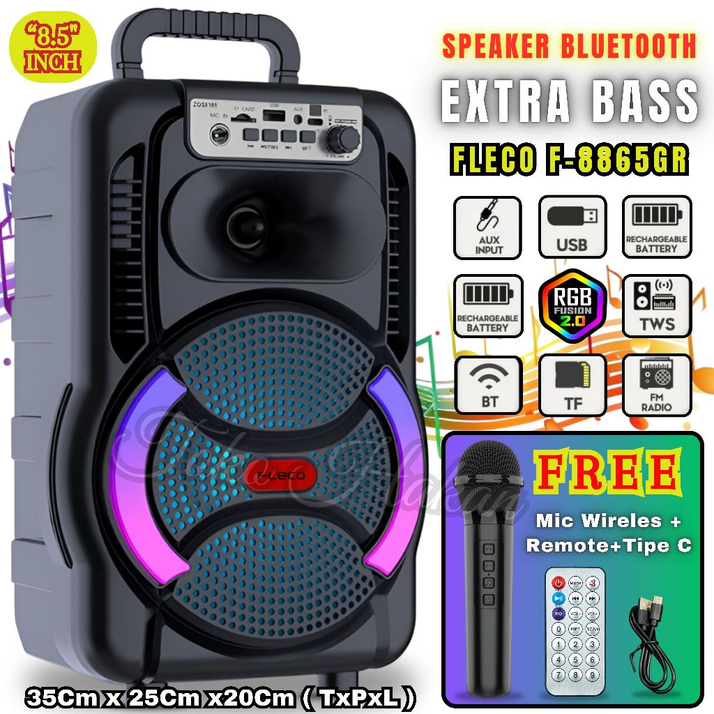 TERMURAH~Speaker Bluetooth Fleco F-8865 GR Extra Bass Bluetooth-TWS-Radio FM-USB-TF | Speaker Aktif 