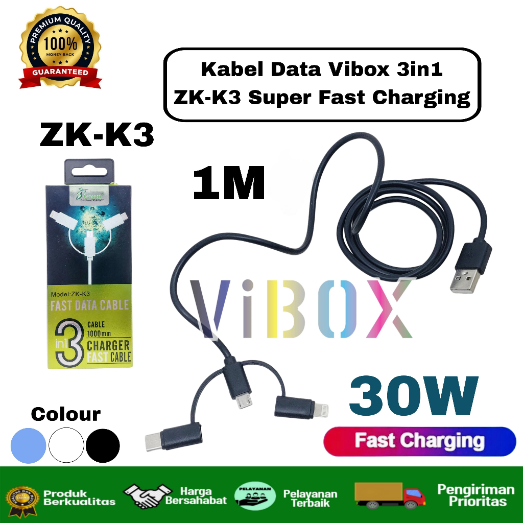 Kabel Data VIBOX 3 in 1 Cable Data Micro USB Green Braided White ZK K3