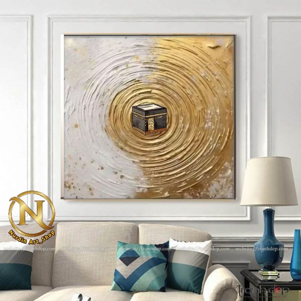 Lukisan Abstrak Modern Gold Ka'bah Plus Frame