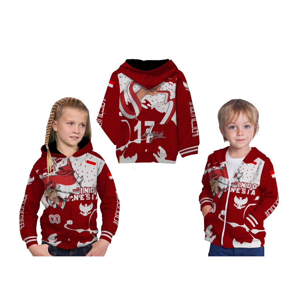 Jaket Hoodie Anak Pria Wanita HUT RI Ke- 80 Hari Kemerdekaan Indonesia Black Custom Fillprint 77 ART