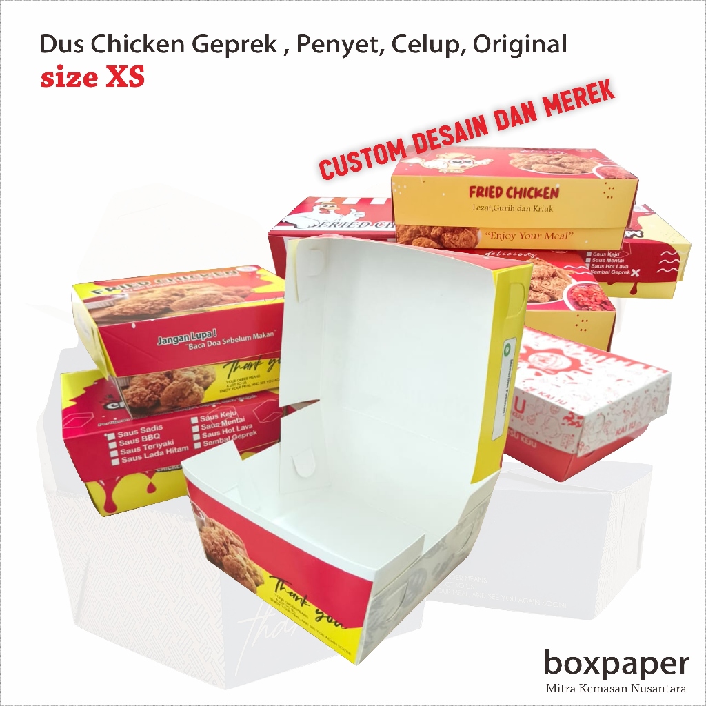 Paper Lunch Box size XS ( Khusus Custom isi 1.000pcs  ) Dus Ayam Geprek Ayam Kriuk Ayam Steak Sapi  