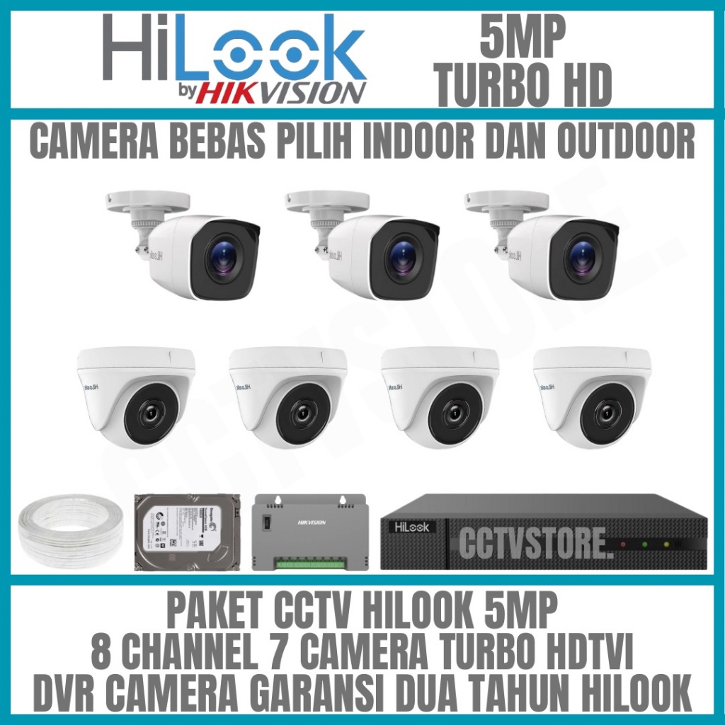 Paket cctv hilook 5mp 8 channel 7 camera turbo hd kamera cctv komplit