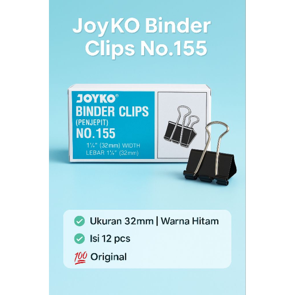 

JOYKO Binder Clips No.155 – 32mm | Isi 12 pcs | Warna Hitam