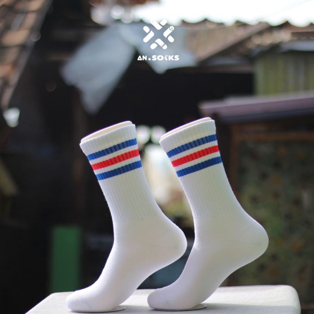 Kaos Kaki Oldschool Motif Putih Garis Biru Merah Biru