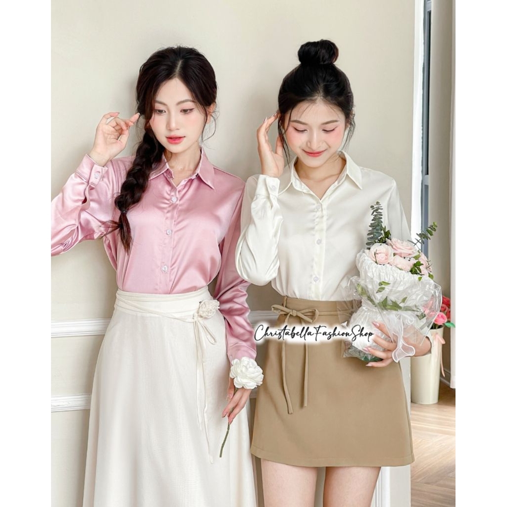 Kemeja Blouse Korea Satin Wanita Premium Silk Shirt Import Bkk Bangkok / New Kemeja Oversize BigSize