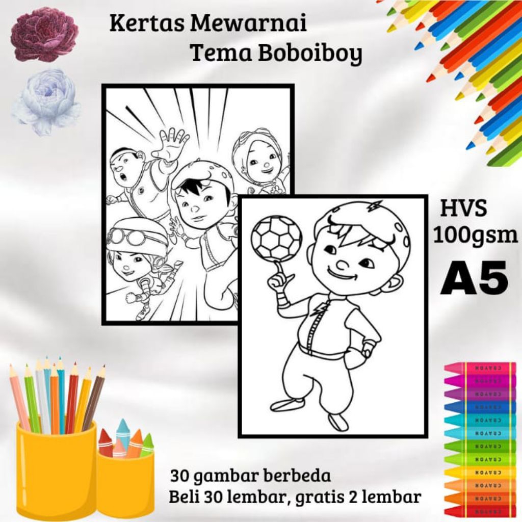 30 LEMBAR KERTAS GAMBAR MEWARNAI TEMA BOBOIBOY (READY LANGSUNG KIRIM)