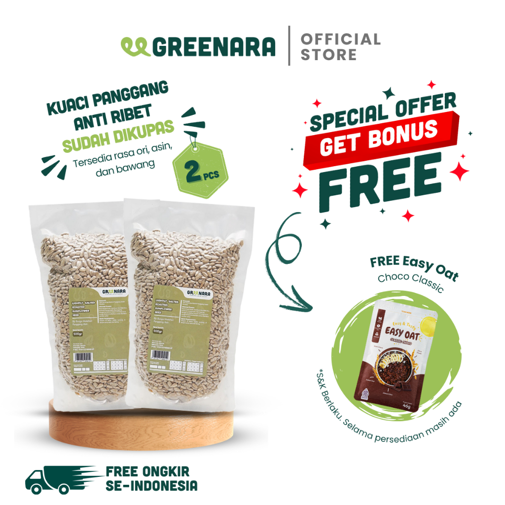 

Bundle 2 pcs Greenara Lightly Salted Roasted Sunflower Seed 500g - 2 buah Kuaci Panggang dengan Rasa Sedikit Asin