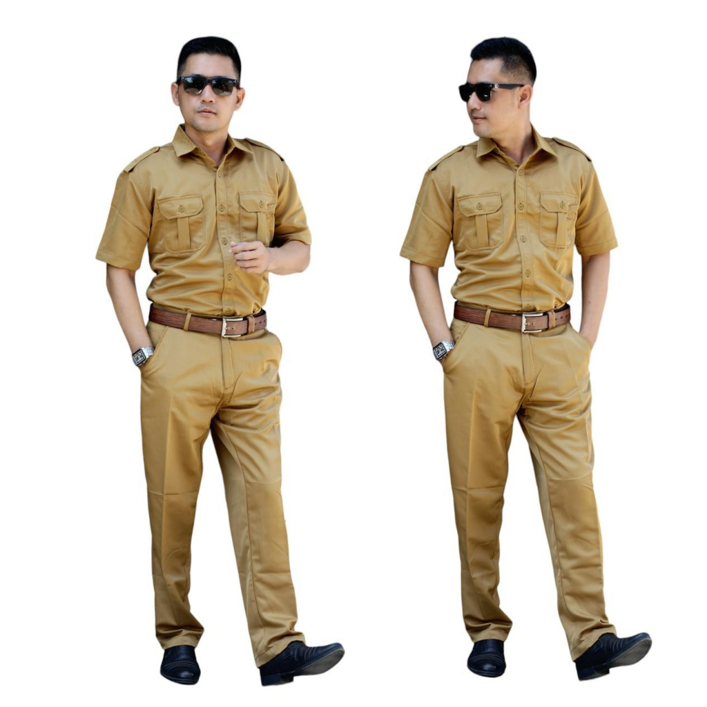 GROSIR BATIK SOLO/KHAKI COKLAT MUDA BAHAN SEMI WOOL  SATU SET BAJU KHAKI PRIA LENGAN pendek / Baju K