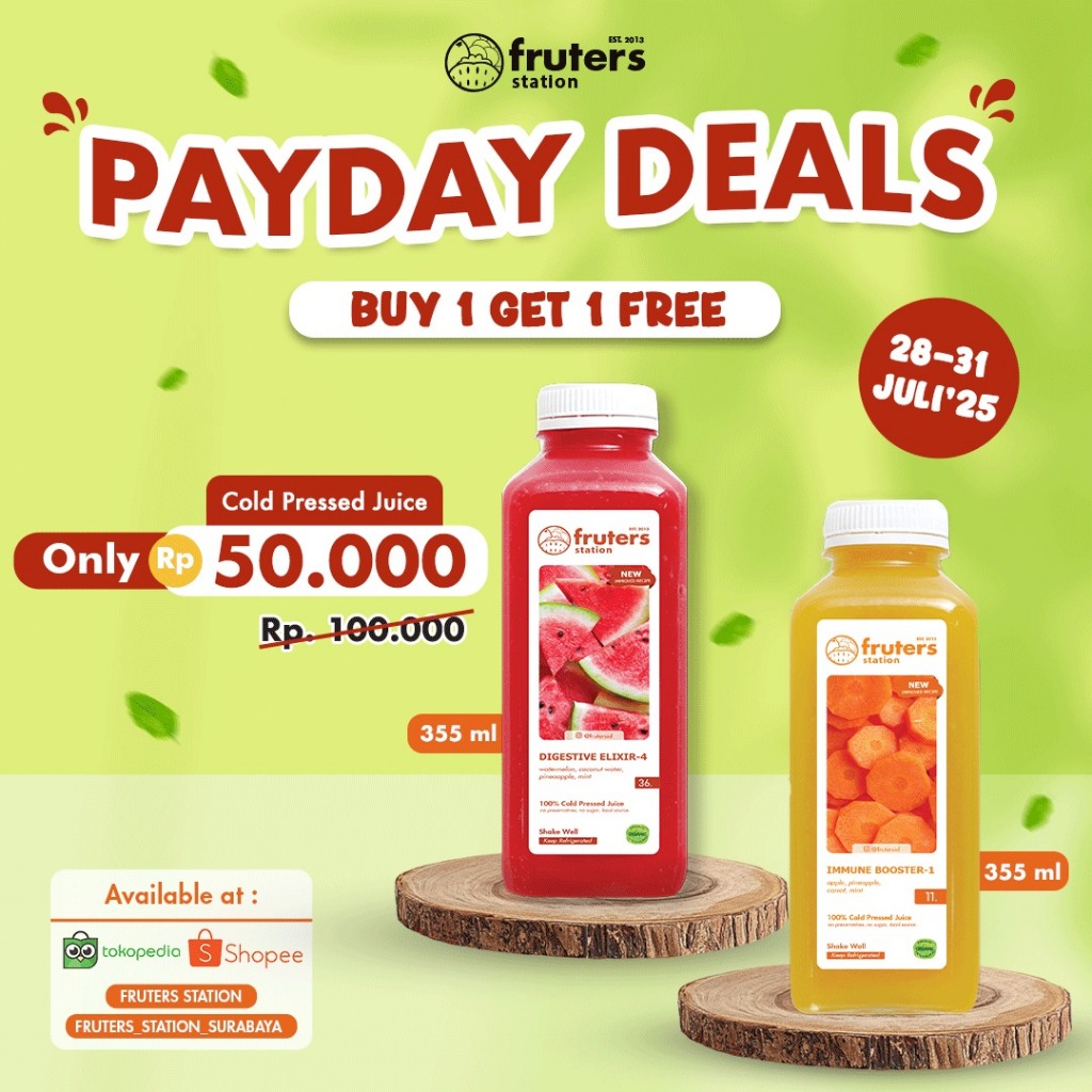 

Promo Buy 1 Get 1 Cold Pressed Juice 355 ml Fruters Station
