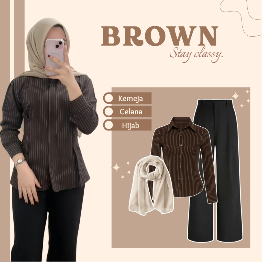 One Set OOTD Hijab Style ( Kemeja Stripe + Celana Kulot + Hijab ) Setelan Wanita Kekinian - MM12N