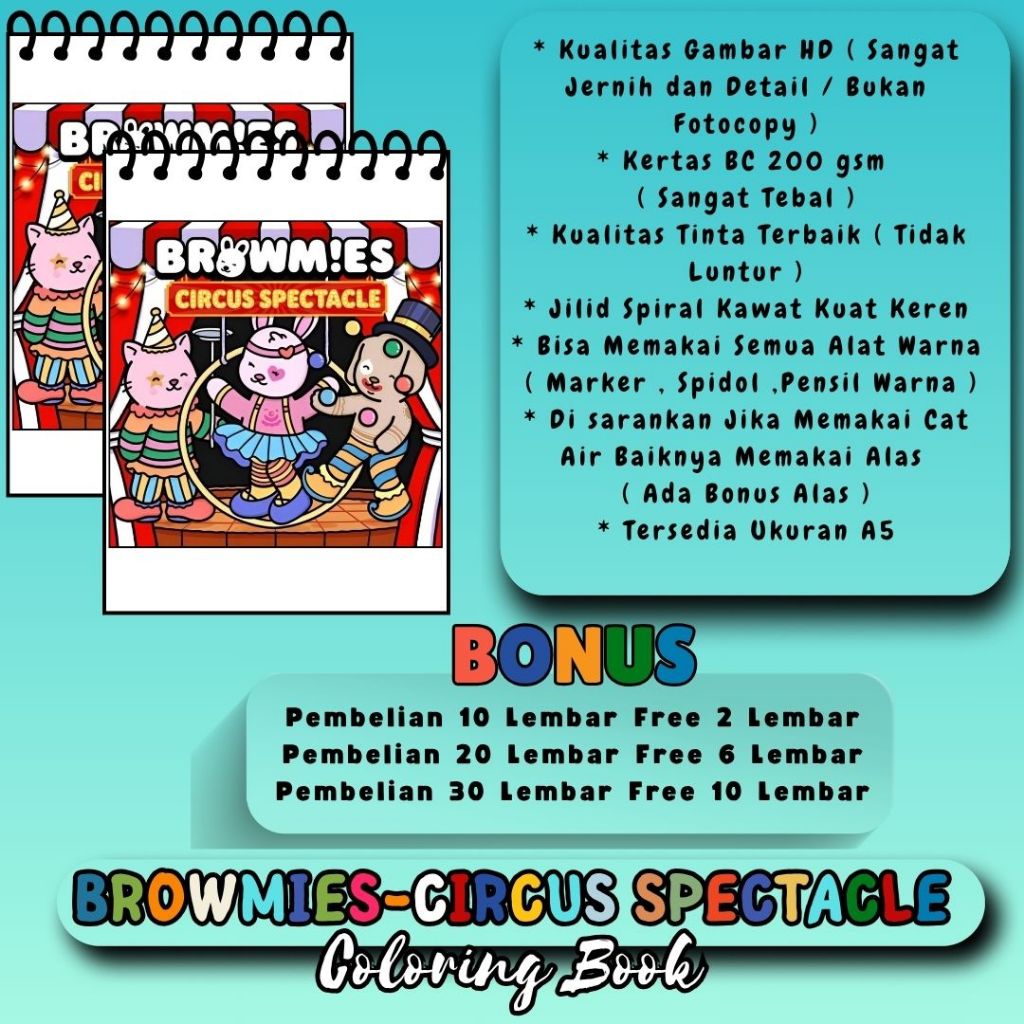 

Browmies - Circus Spectacle Coloring Book Premium Buku Mewarnai Kertas Tebal 200 gsm Murah Gambar Jernih HD