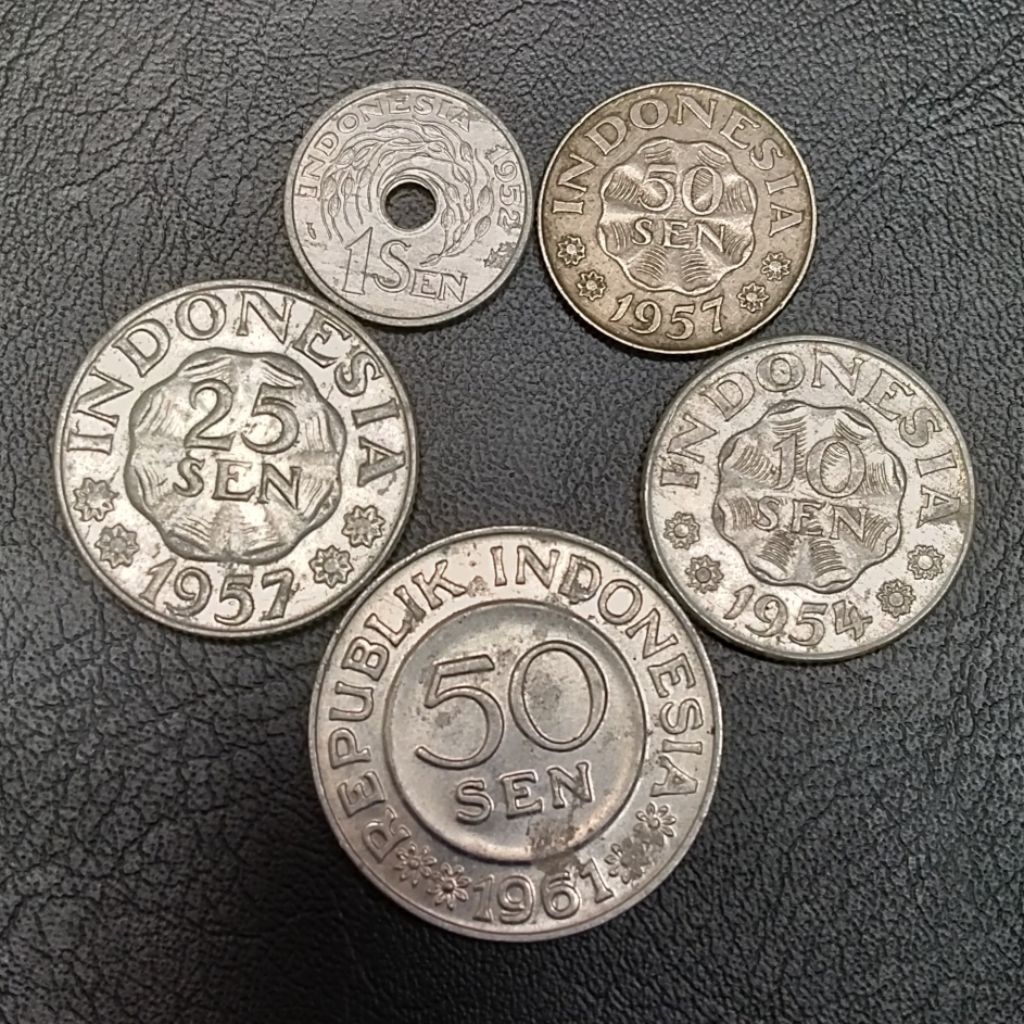 Set Koin Kuno Indonesia 5 keping tahun 1950 an 1 - 10 - 20 - 50 sen & diponegoro