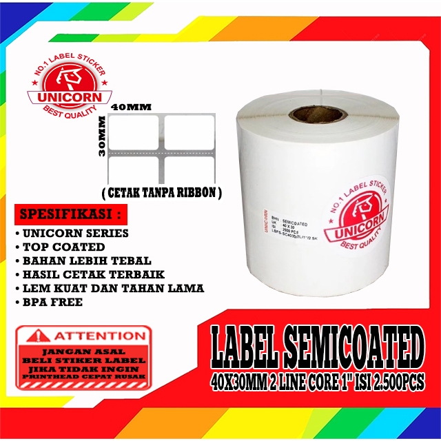 

Stiker Label Barcode Semicoated 40x30mm / 40x30 mm / 4x3cm 2Line Core 1 Inch Isi 2.500pcs
