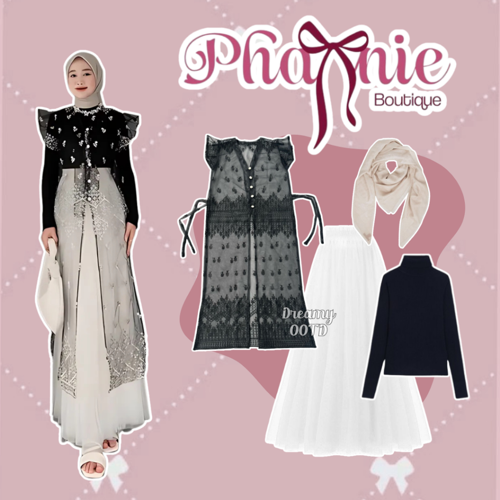 Dreamy OOTD - One Set Outer Tunik Brukat Kondangan 4 In1 Tunik Brukat+Rok Tutu+Hijab Ootd Outer Wisu