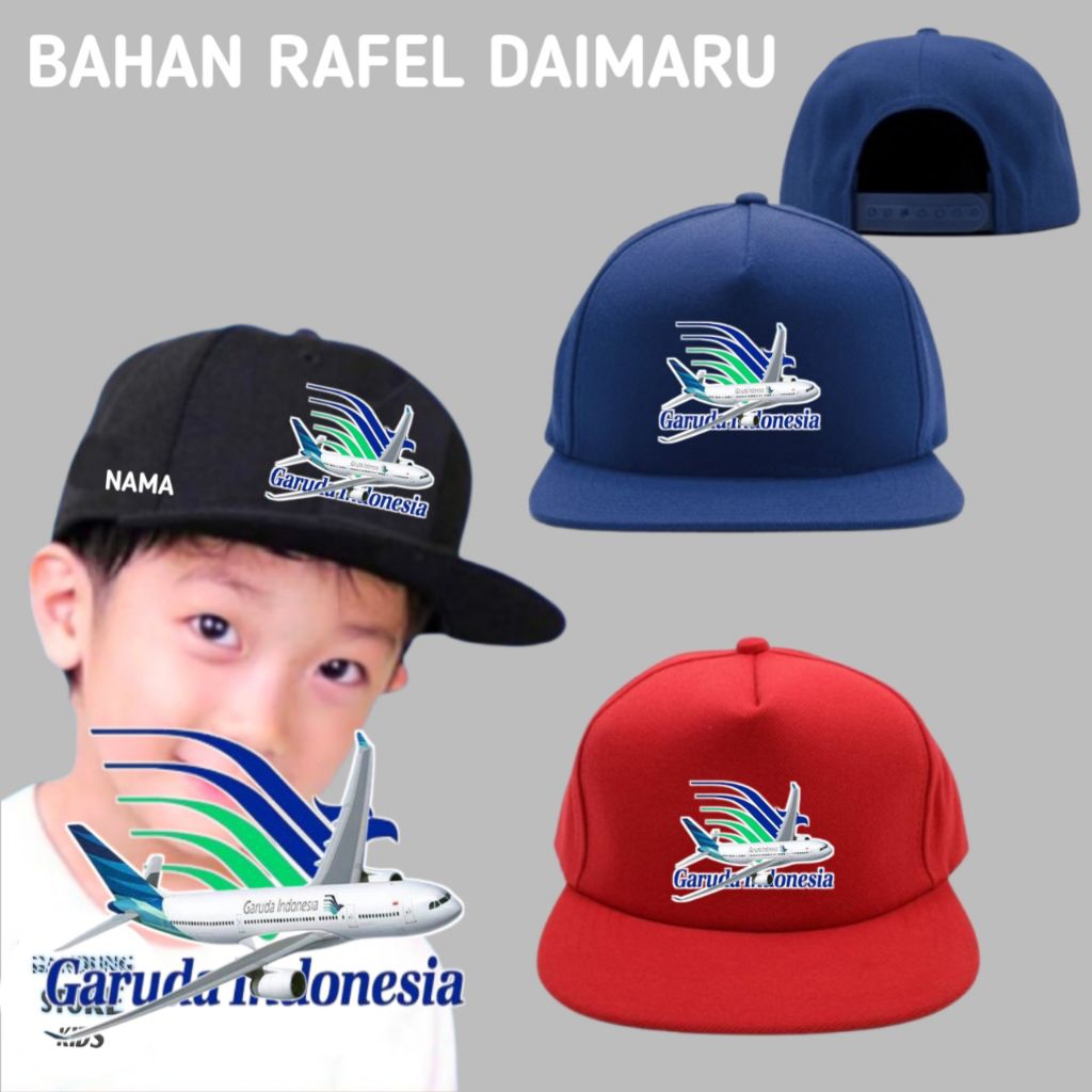 Garuda Indonesia Topi Snapback Anak Motif pesawat Garuda Indonesia Free nama