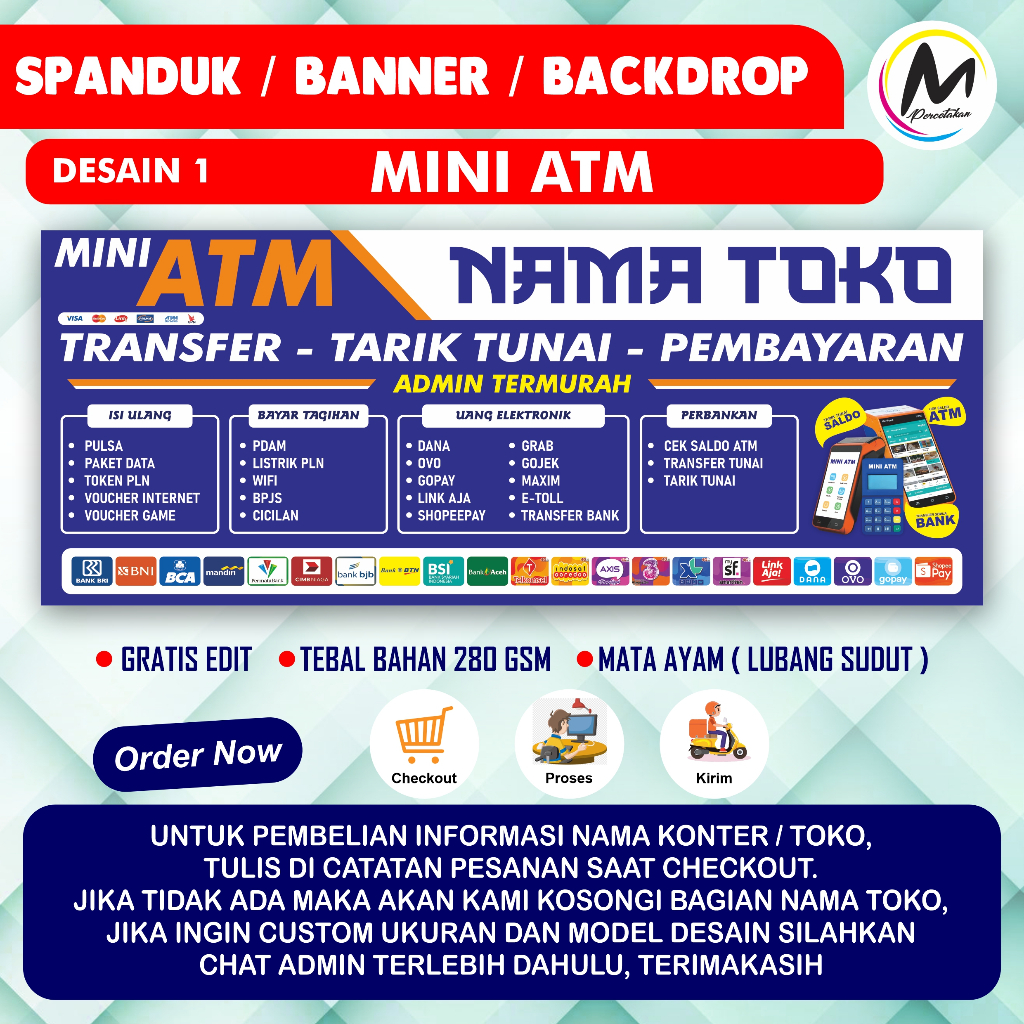 Spanduk Konter Mini ATM Toko Pembayaran Bahan Tebal 280 Gsm