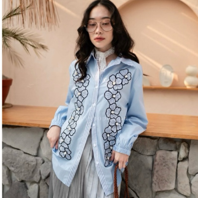 Blouse Jumbo Wanita Bordir Lengan Panjang – Kemeja Katun Import Bangkok Busui Friendly CLEOSA