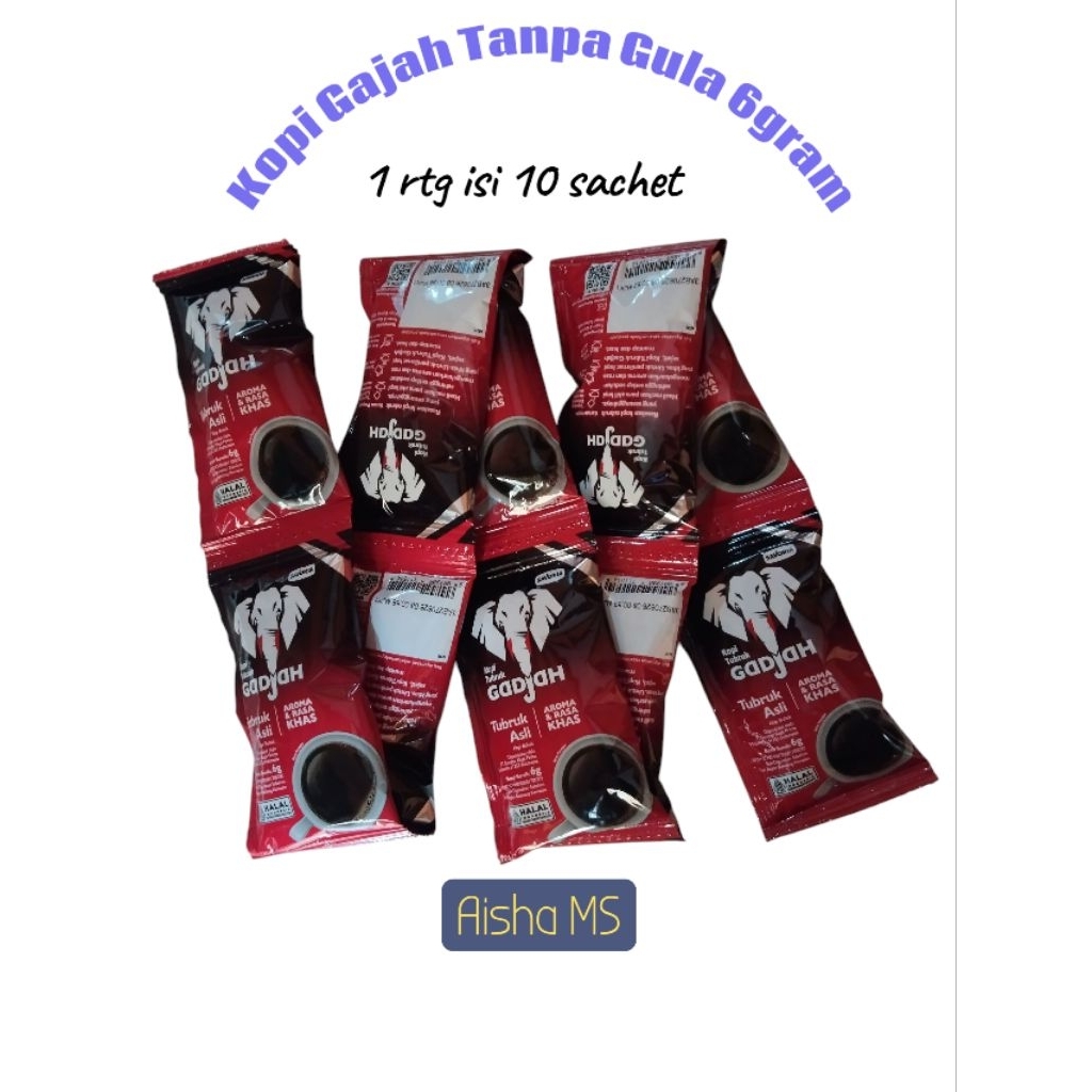

Kopi Tubruk Gadjah Asli rtg 6gram Tanpa Gula (1rtg isi 10 sachet) Coffee Bubuk Kopi Gajah Mini